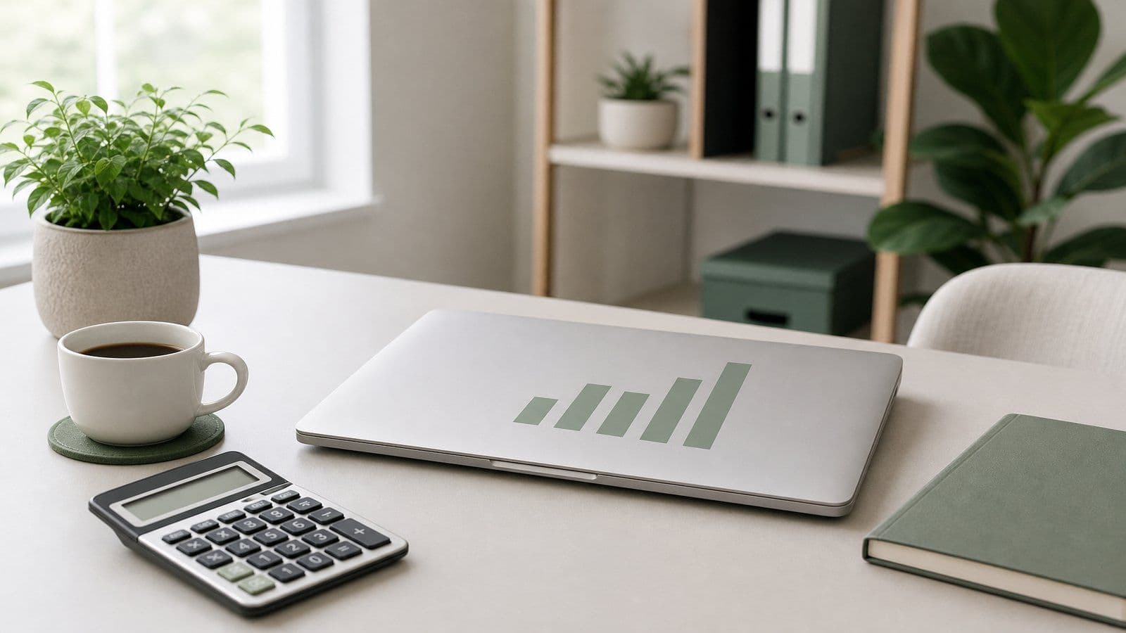 A tidy home-office desk with a closed laptop showing a simple green bar chart, a calculator, coffee cup, and a small plant
